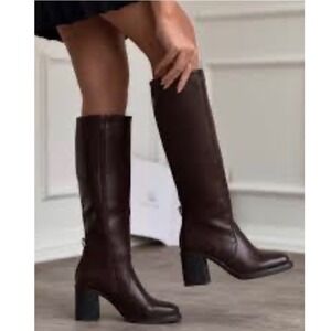 TALL RIDING BOOTS Block Heel Brown Square Toe Womens Knee NEW Shoe 90s Y2K 7